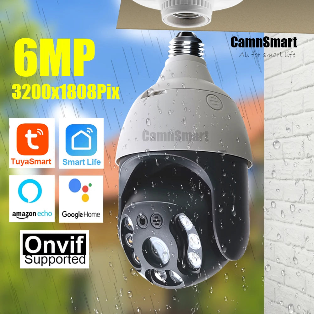 Ultra 6MP Outdoor Wireless WIFI Camera E27 Bulb Type for Smart Home Tuya APP IP66 Waterproof Auto Track Motion Detection