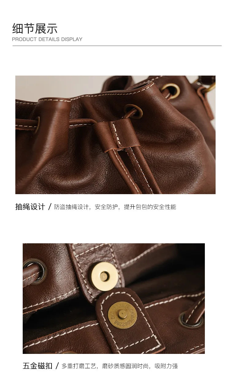 Leather Bucket Bags and Drawstring Crossbody Purse for Women Medium Tote