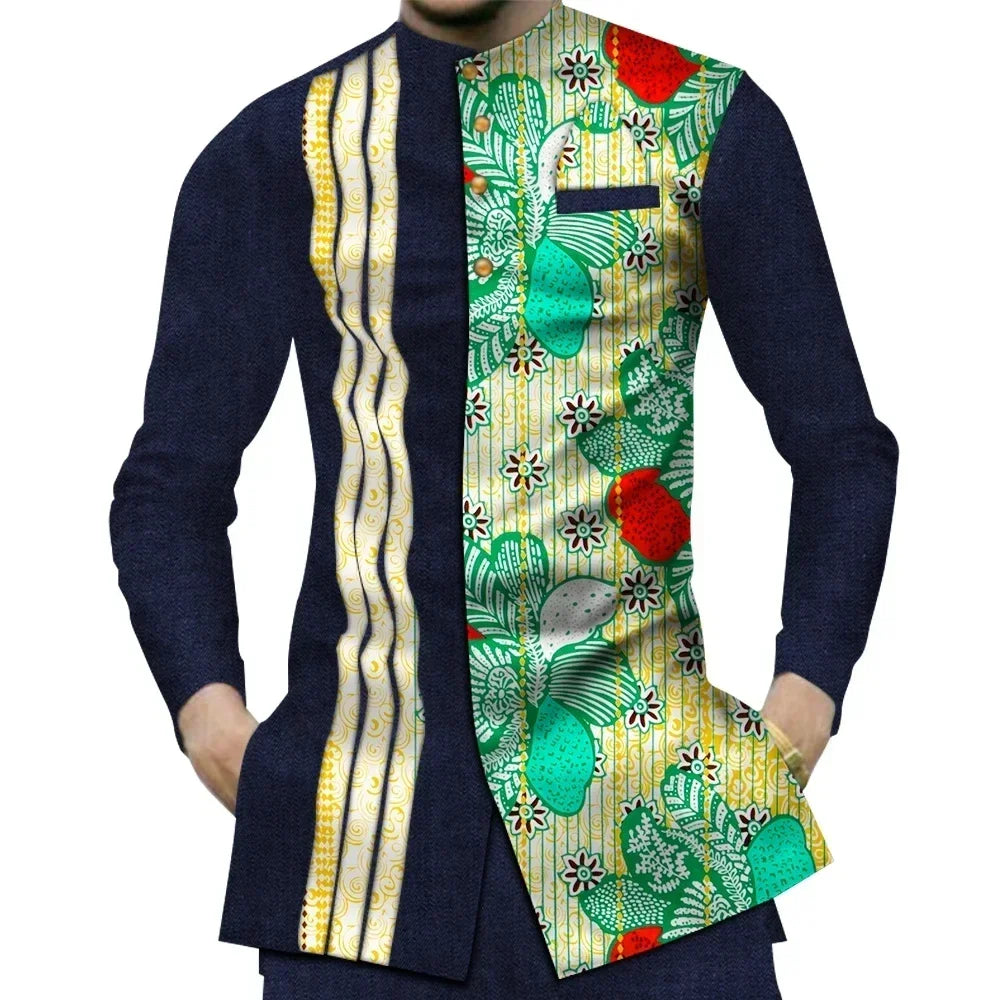 Casual 100% Cotton Mens African Clothing Dashiki Patchwork Print Shirt Tops Bazin Riche Traditional African Clothes WYN380