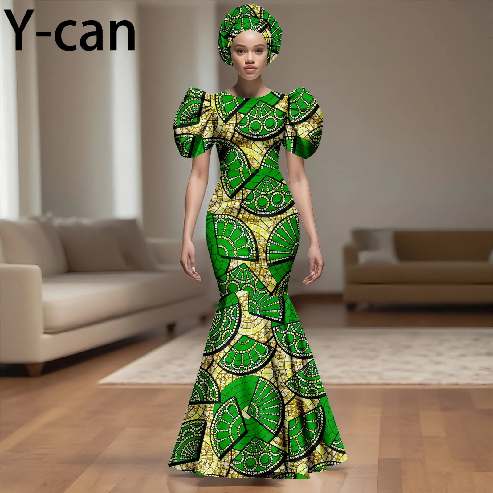 African Party Dress for Women Puff Sleeve O-neck Slim Fit Mermaid Dresses with Headwrap for Birthday Evening Wedding 2525142
