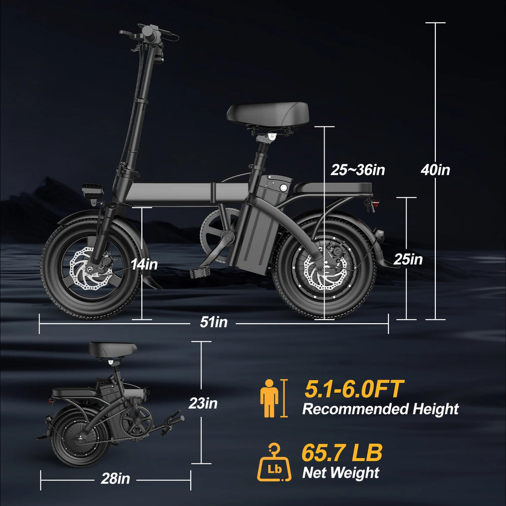 Electric Bike For Adults, Folding Electric Bike, 500W Peak Motor, Electric Bicycle With 14" Tire, 48V 20AH/15AH/10Ah Battery