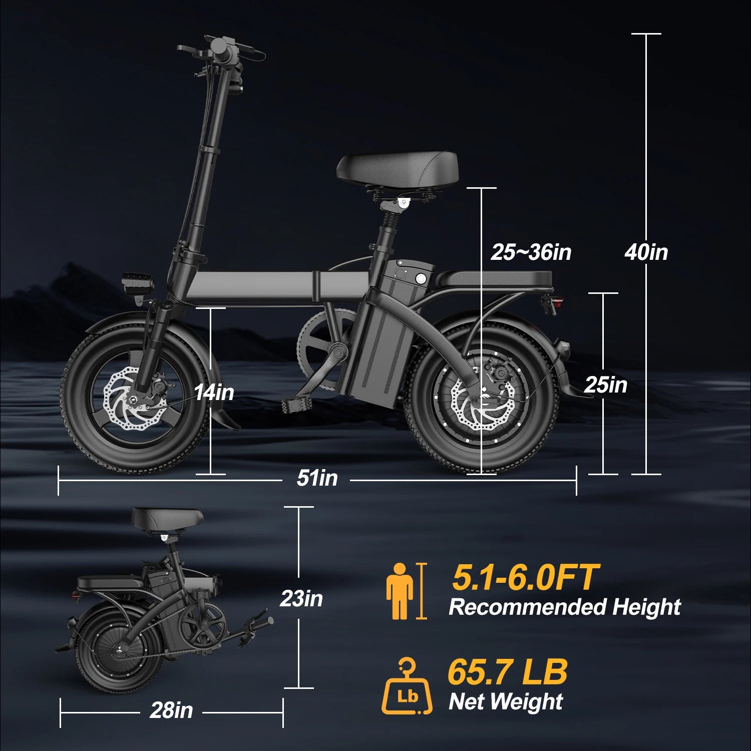 Electric Bike For Adults, Folding Electric Bike, 500W Peak Motor, Electric Bicycle With 14" Tire, 48V 20AH/15AH/10Ah Battery