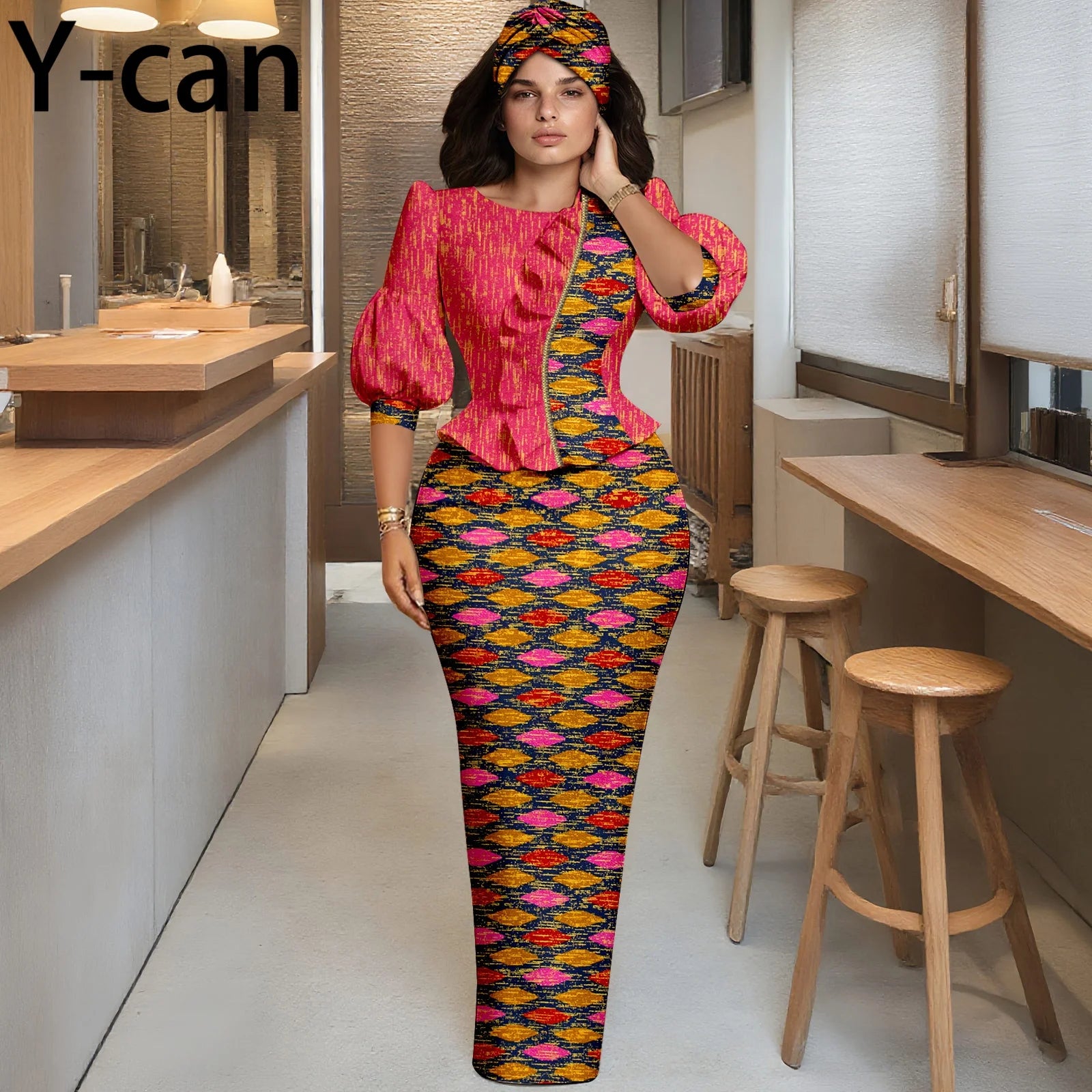 African Women Skirt Set Fashion Lantern Sleeve Ruffled Top and Slim Skirt Vestidos with Headwrap Dashiki Wedding Dress 2526066