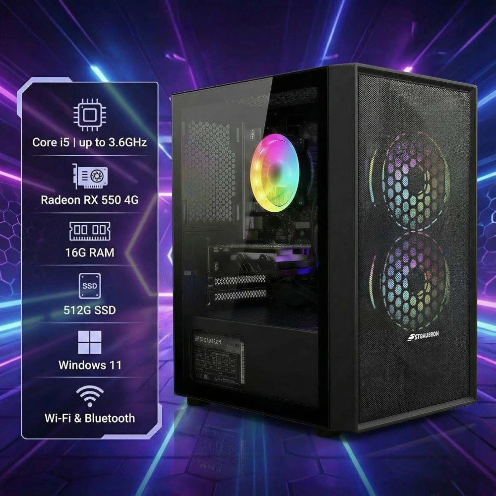 Gaming PC Desktop Computer with Radeon RX 550 4G, Core i5 Processor, 16GB RAM, 512GB SSD, WiFi 6, Windows 11 Home, RGB