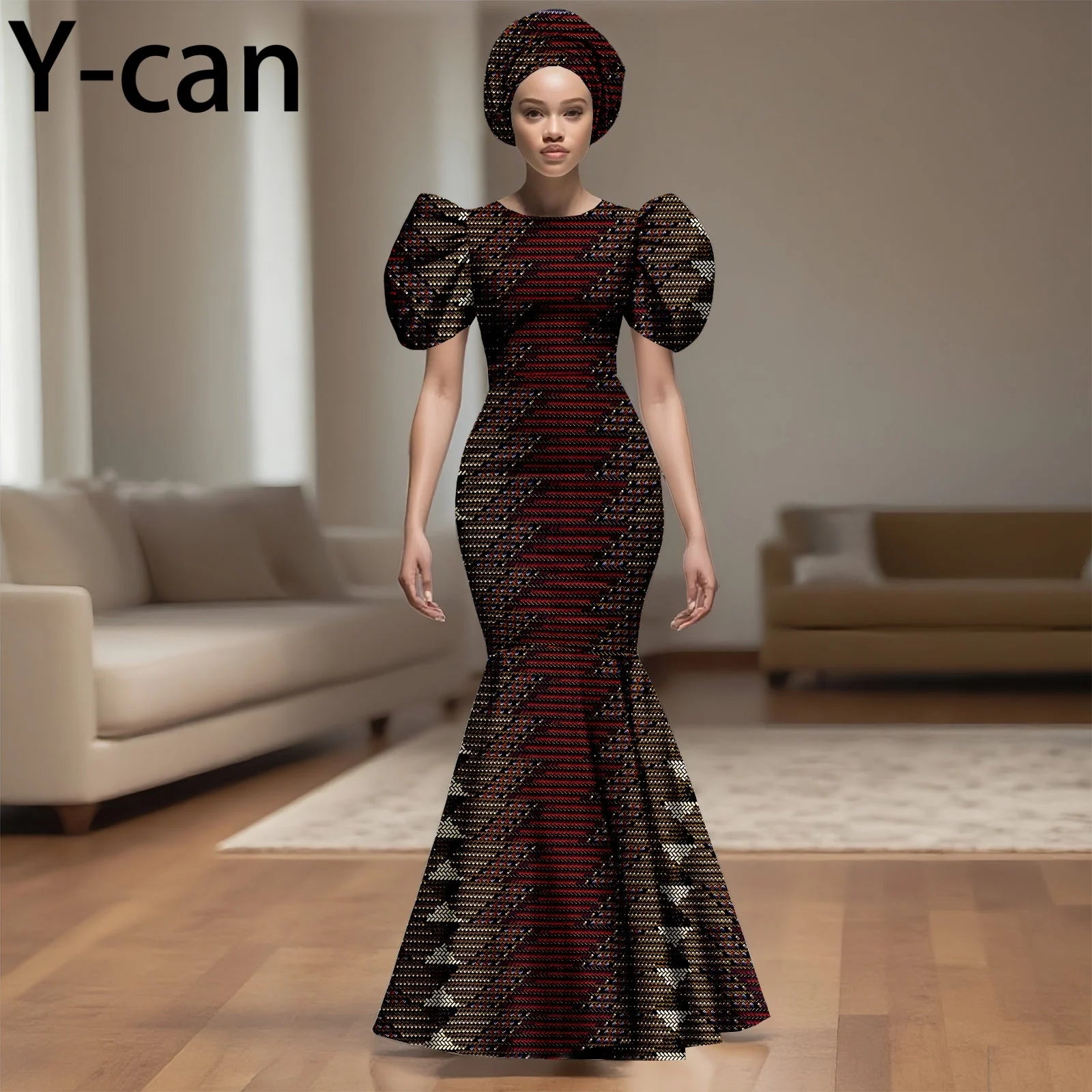 African Party Dress for Women Puff Sleeve O-neck Slim Fit Mermaid Dresses with Headwrap for Birthday Evening Wedding 2525142