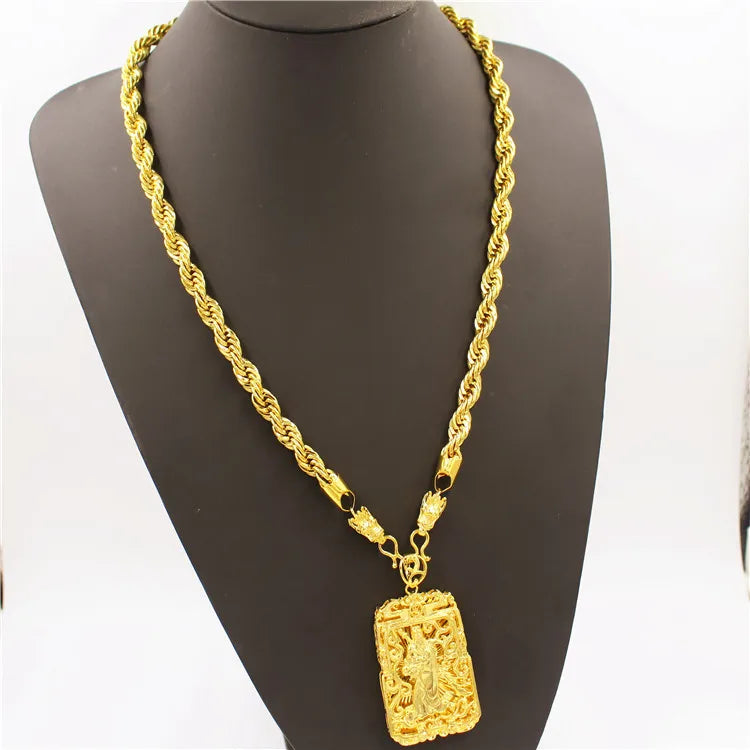 Luxurious 9999 24K real gold men's necklace Guan Gong Guanyin faucet pendant domineering fashion accessories