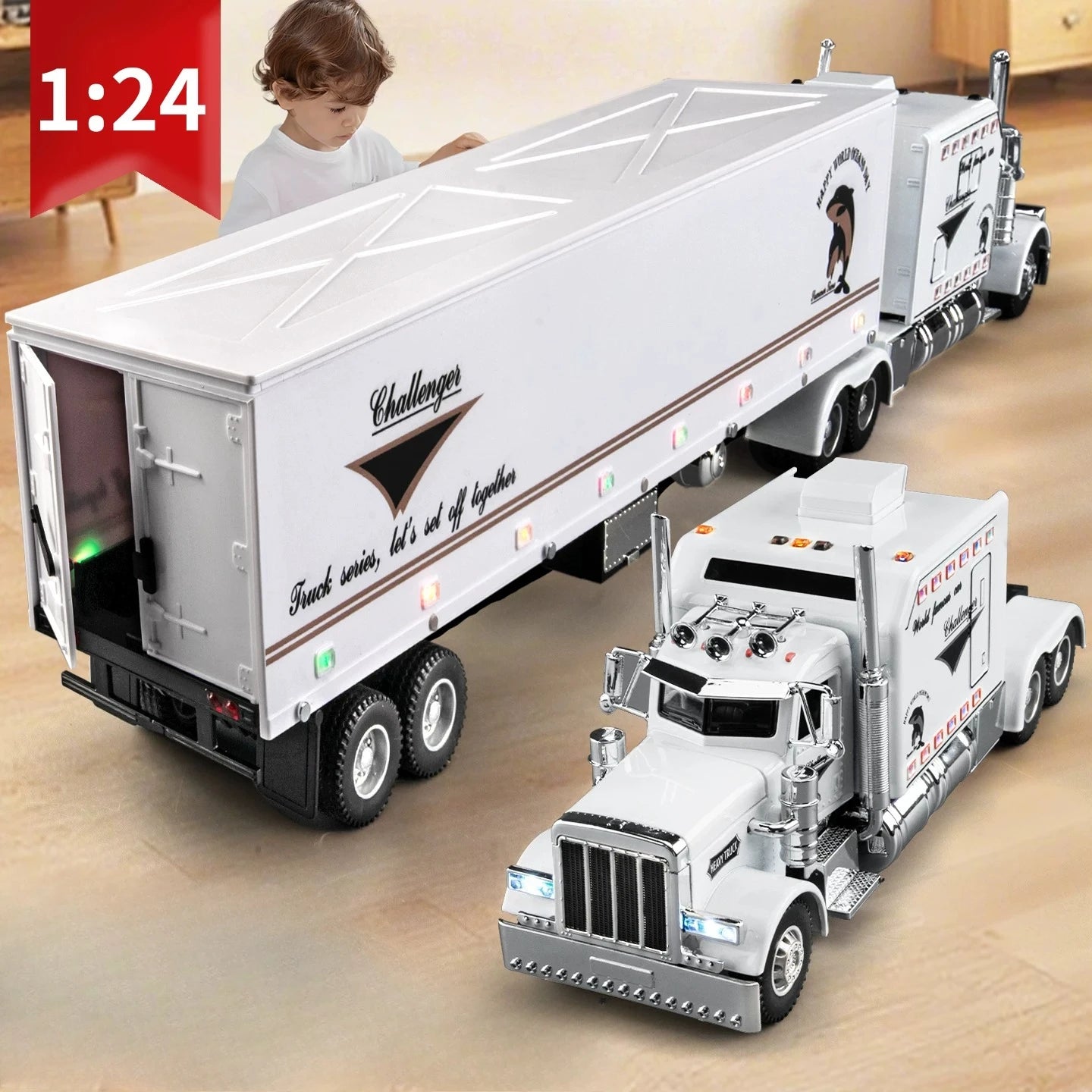 1:24 389 Platform Trailer Container Transport Tow Truck Toy Car For Diecast Vehicle Model Collection Gift Boy