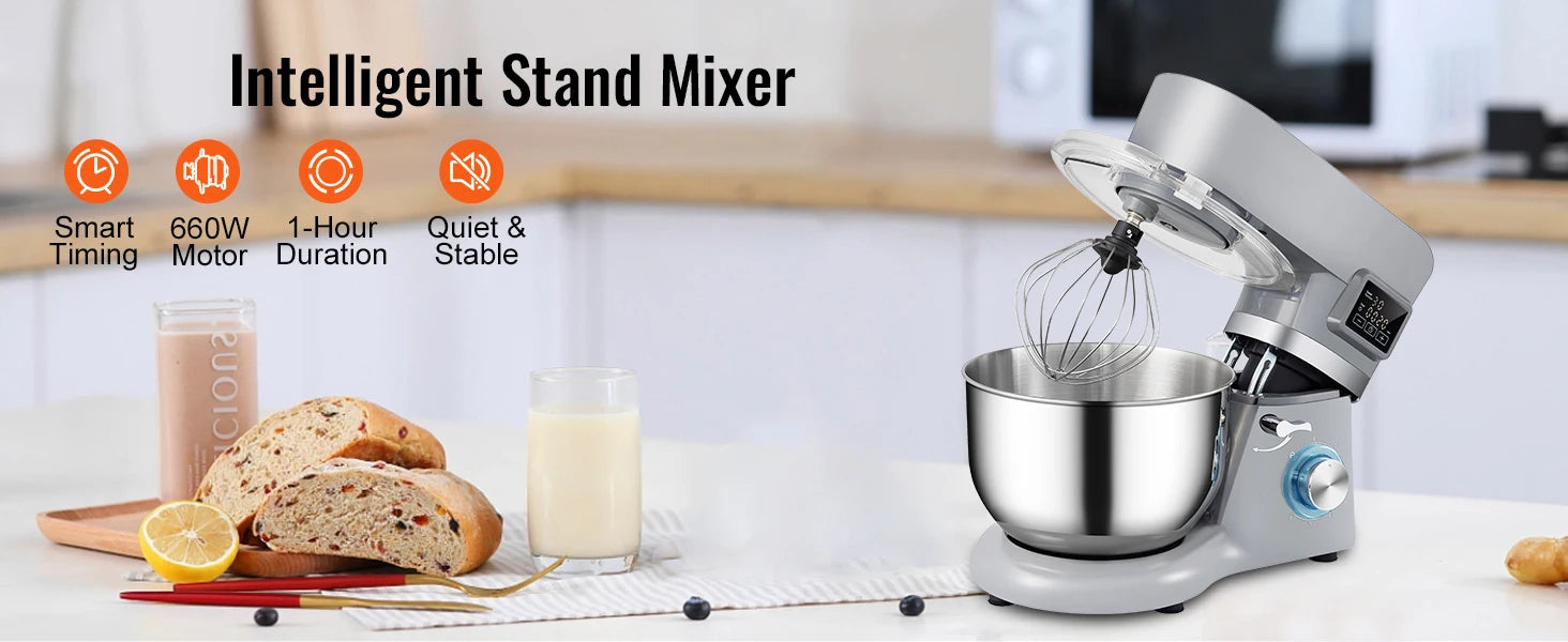 SucceBuy Stand Mixer Electric Dough Mixer with 6 Speeds LCD Screen Timing 5.8 Qt Stainless Steel Bowl Dough Hook Flat Beater