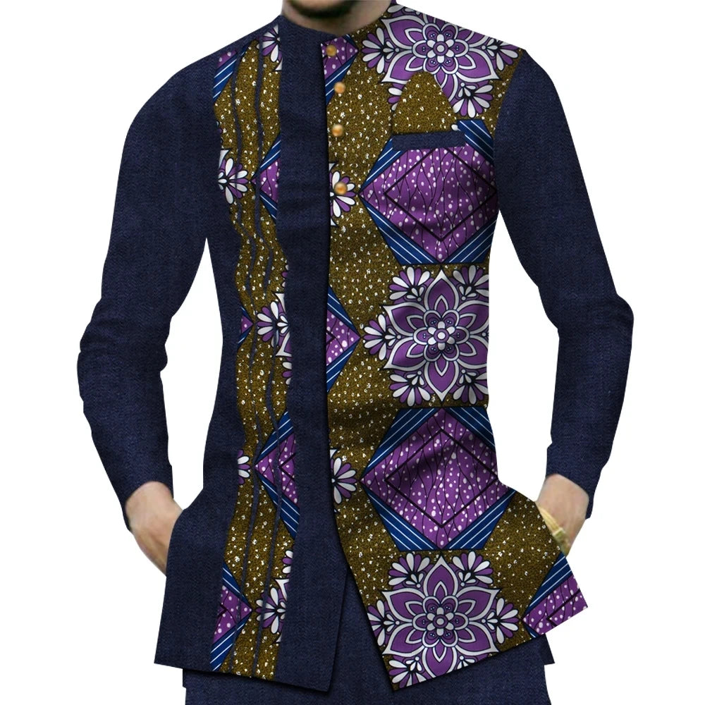 Casual 100% Cotton Mens African Clothing Dashiki Patchwork Print Shirt Tops Bazin Riche Traditional African Clothes WYN380