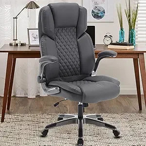 Brown Leather Office Chair with Flip up Arms, High Back Ergonomic Executive Office Chairs with Wheels, 90-120° Rocking Office De