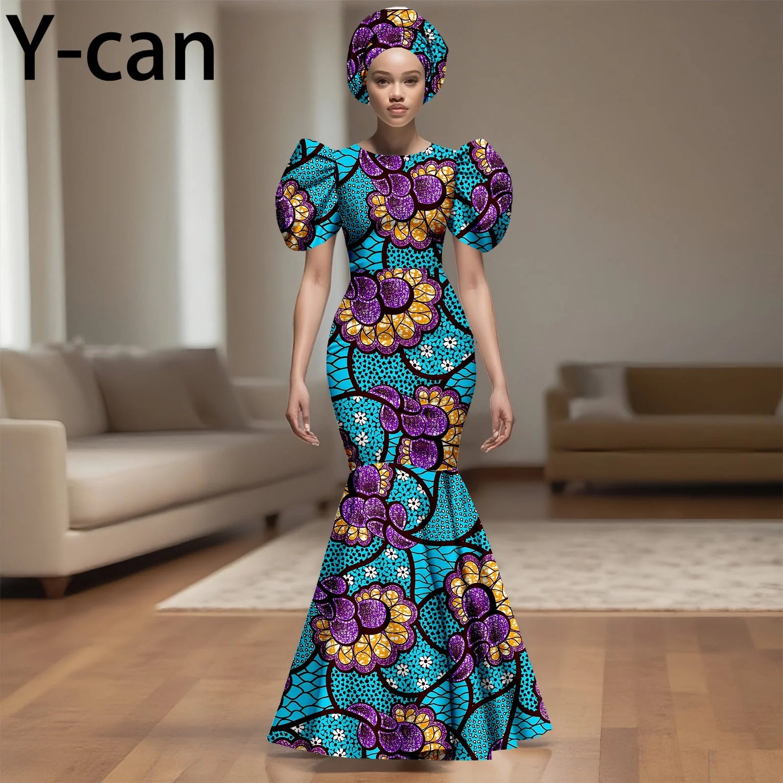 African Party Dress for Women Puff Sleeve O-neck Slim Fit Mermaid Dresses with Headwrap for Birthday Evening Wedding 2525142