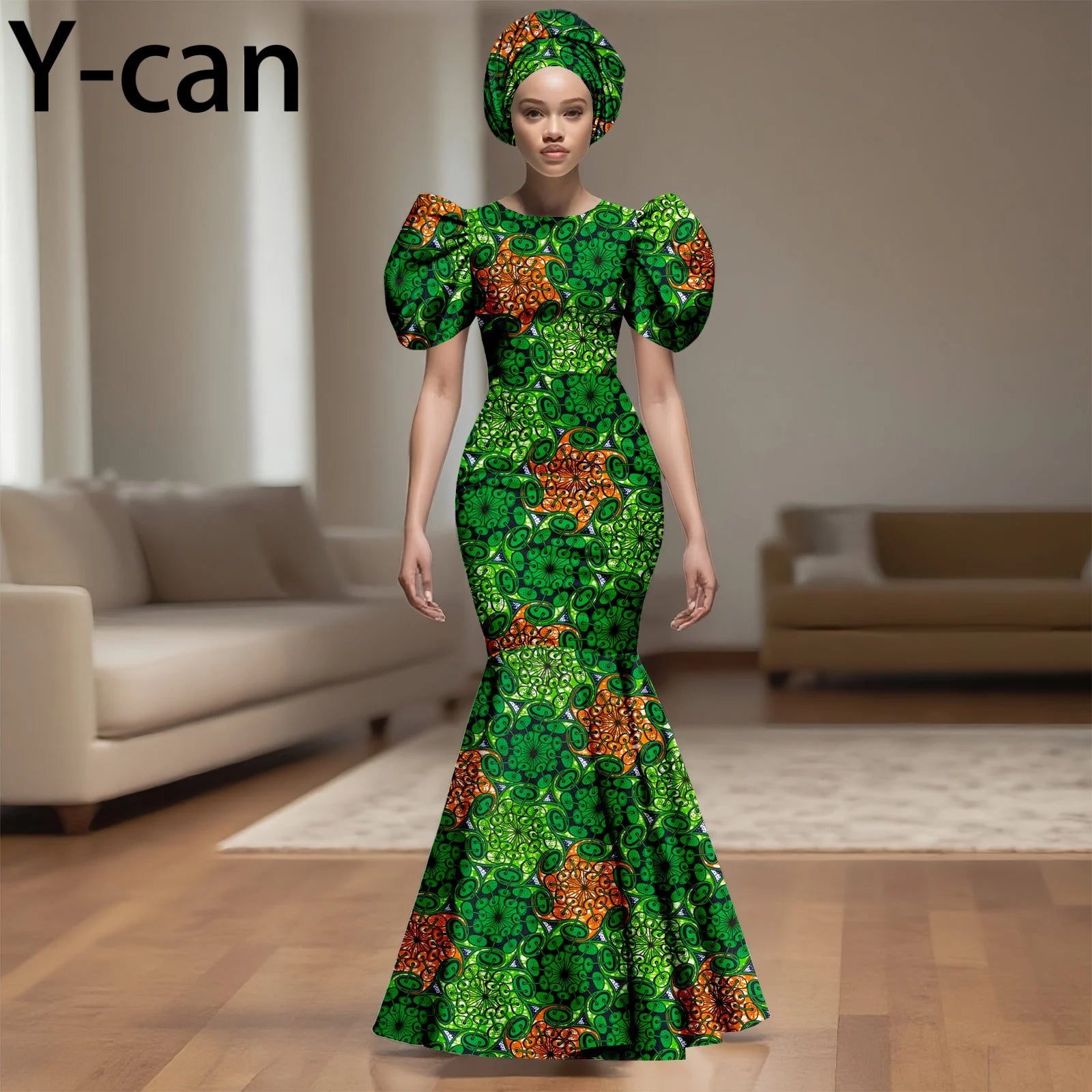 African Party Dress for Women Puff Sleeve O-neck Slim Fit Mermaid Dresses with Headwrap for Birthday Evening Wedding 2525142