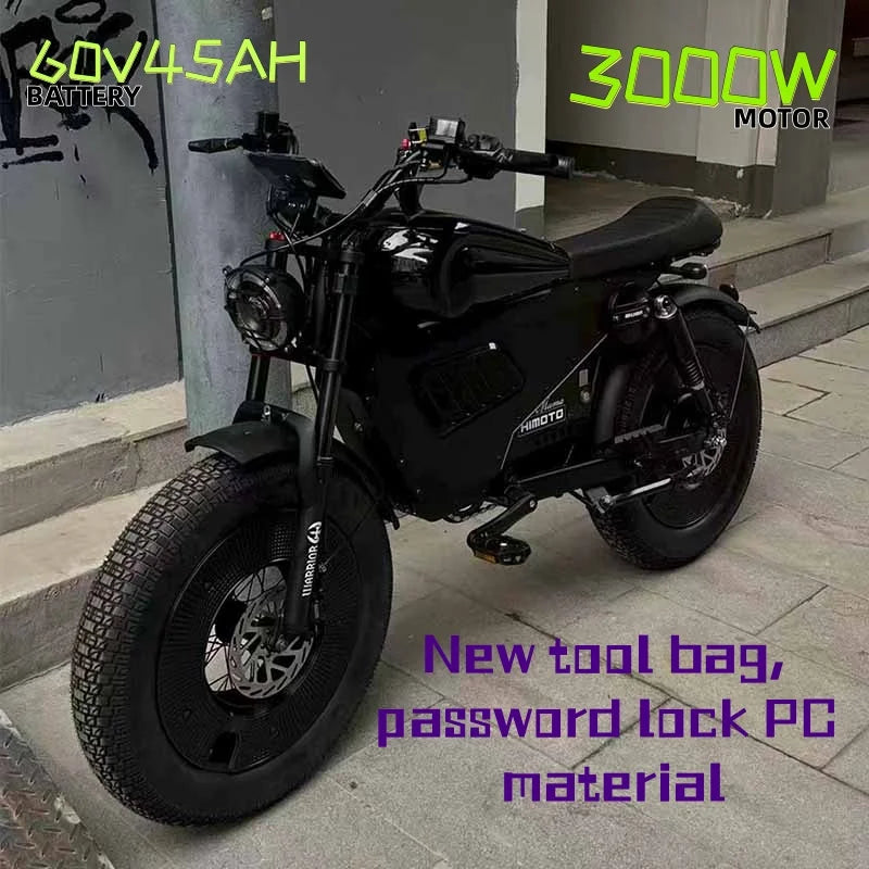 Black Warrior 3000W Motorbikes 60V45AH PC material tool kit with password lock Ebike 20 inch Off-road Fat Tyre Electric Bike