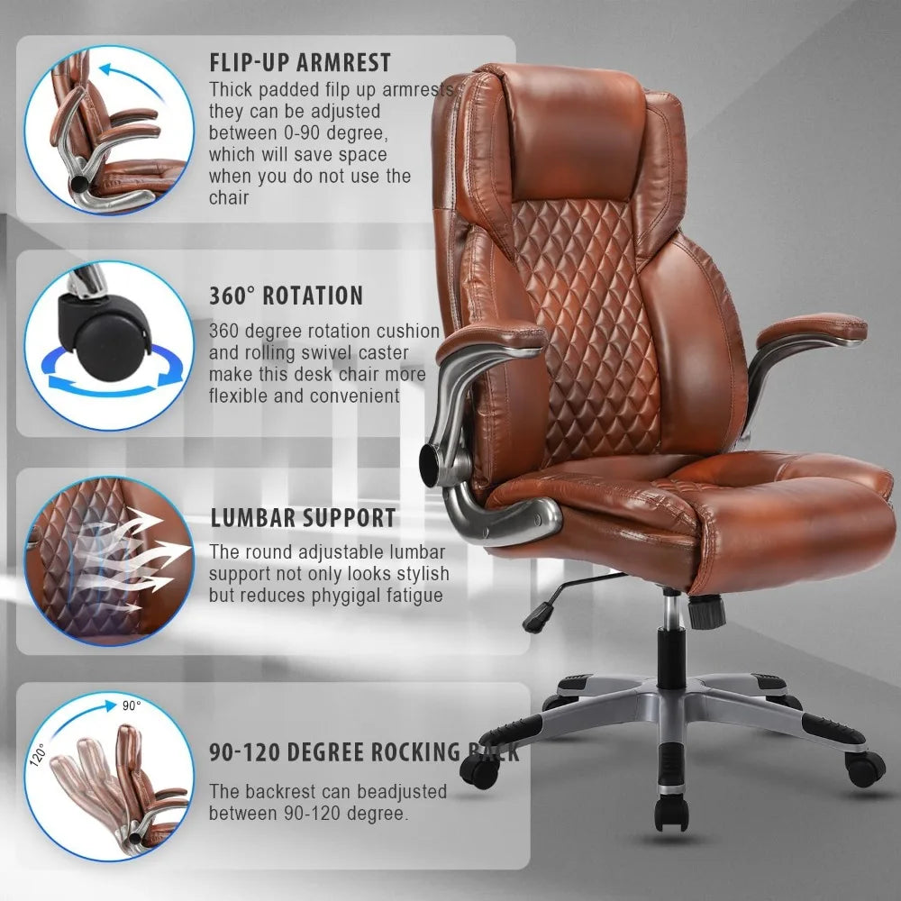 Brown Leather Office Chair with Flip up Arms, High Back Ergonomic Executive Office Chairs with Wheels, 90-120° Rocking Office De
