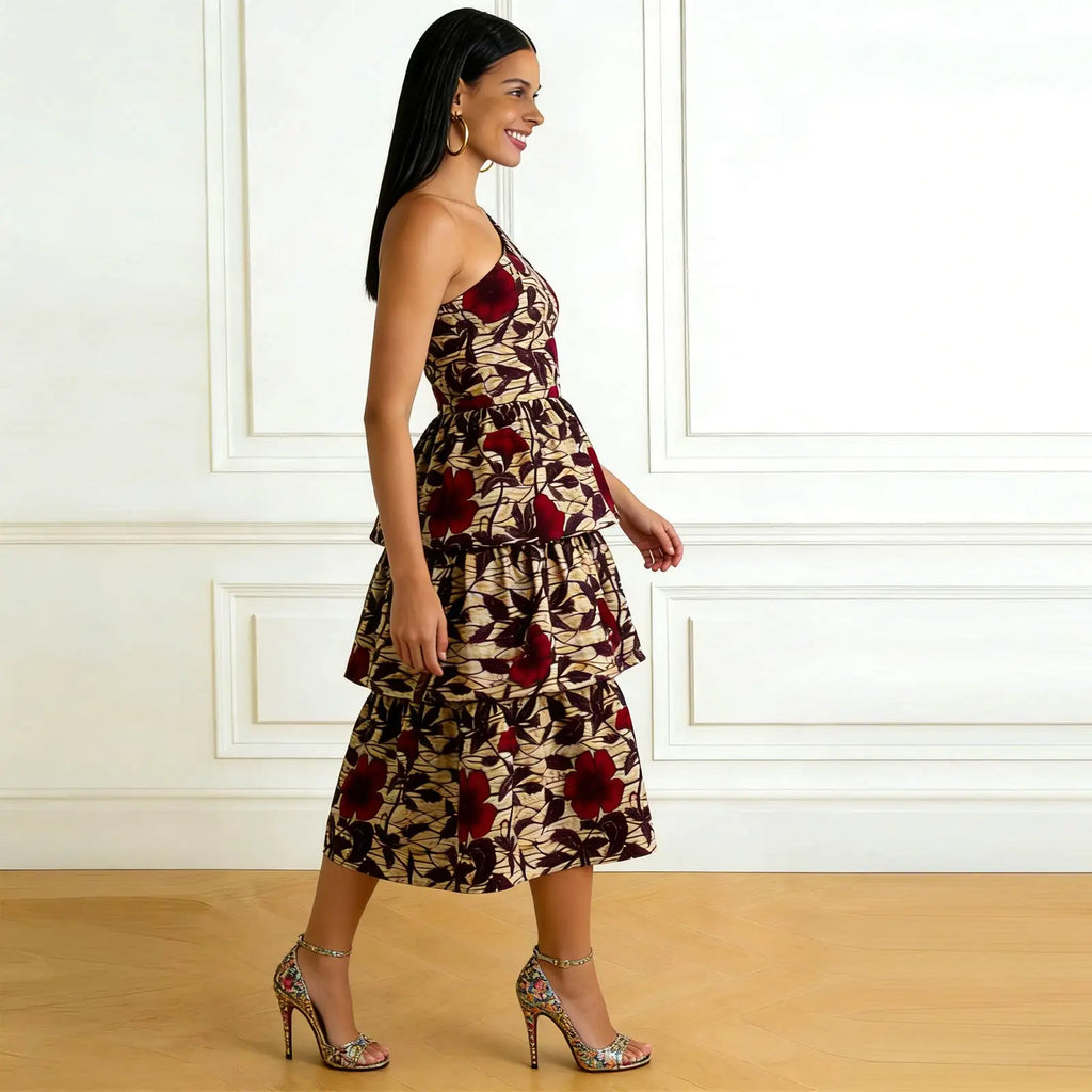 African Dress for Women Ankara Print Skew Collar Sleeveless Mid-Calf Cascading Dress Dashiki Elegant fashion Casual Party Dress