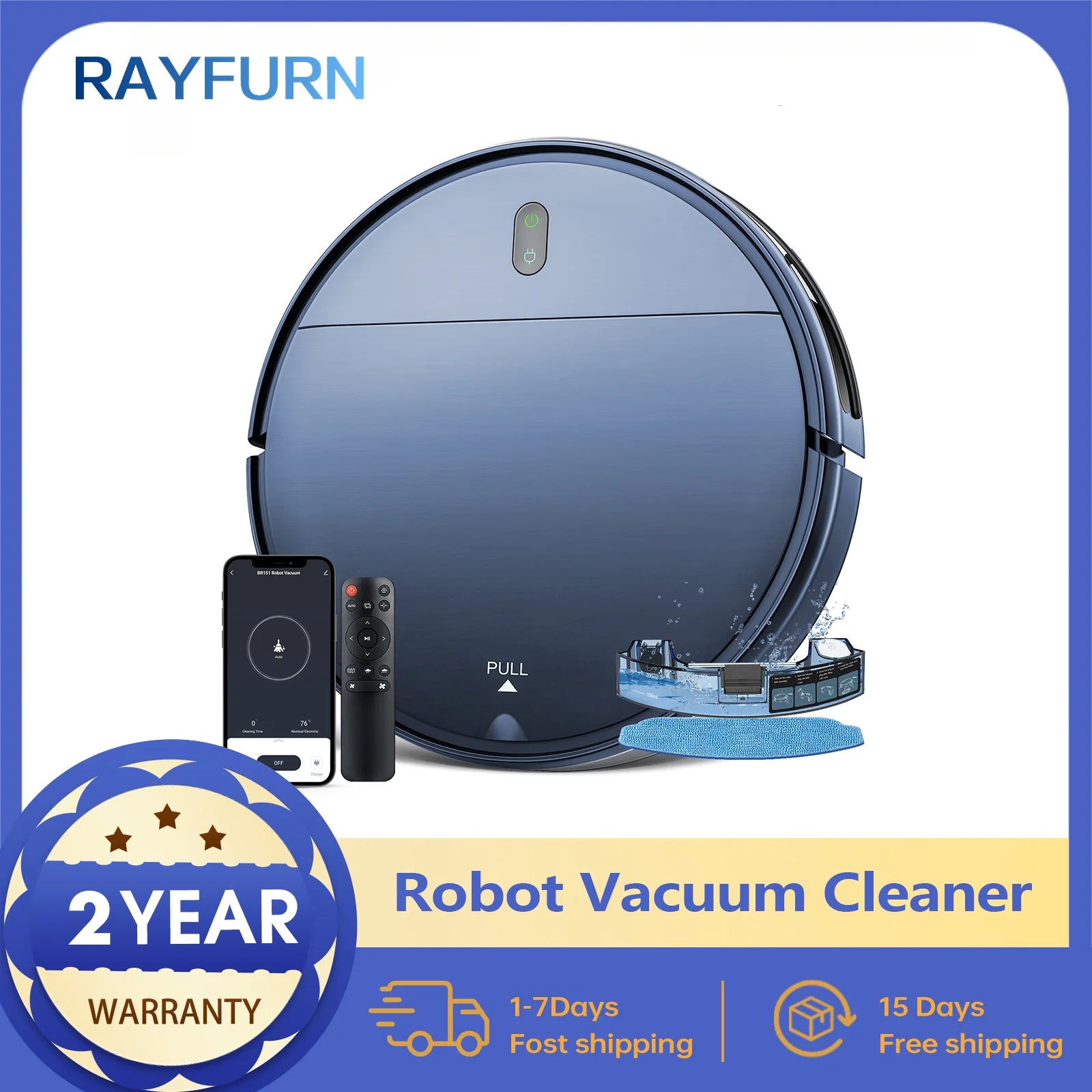 RAYFURN Robot Vacuum Cleaner 6000Pa Power Auto Charging App Control Water Tank Wet Mopping Robot Vacuum Cleaner Electric Sweeper