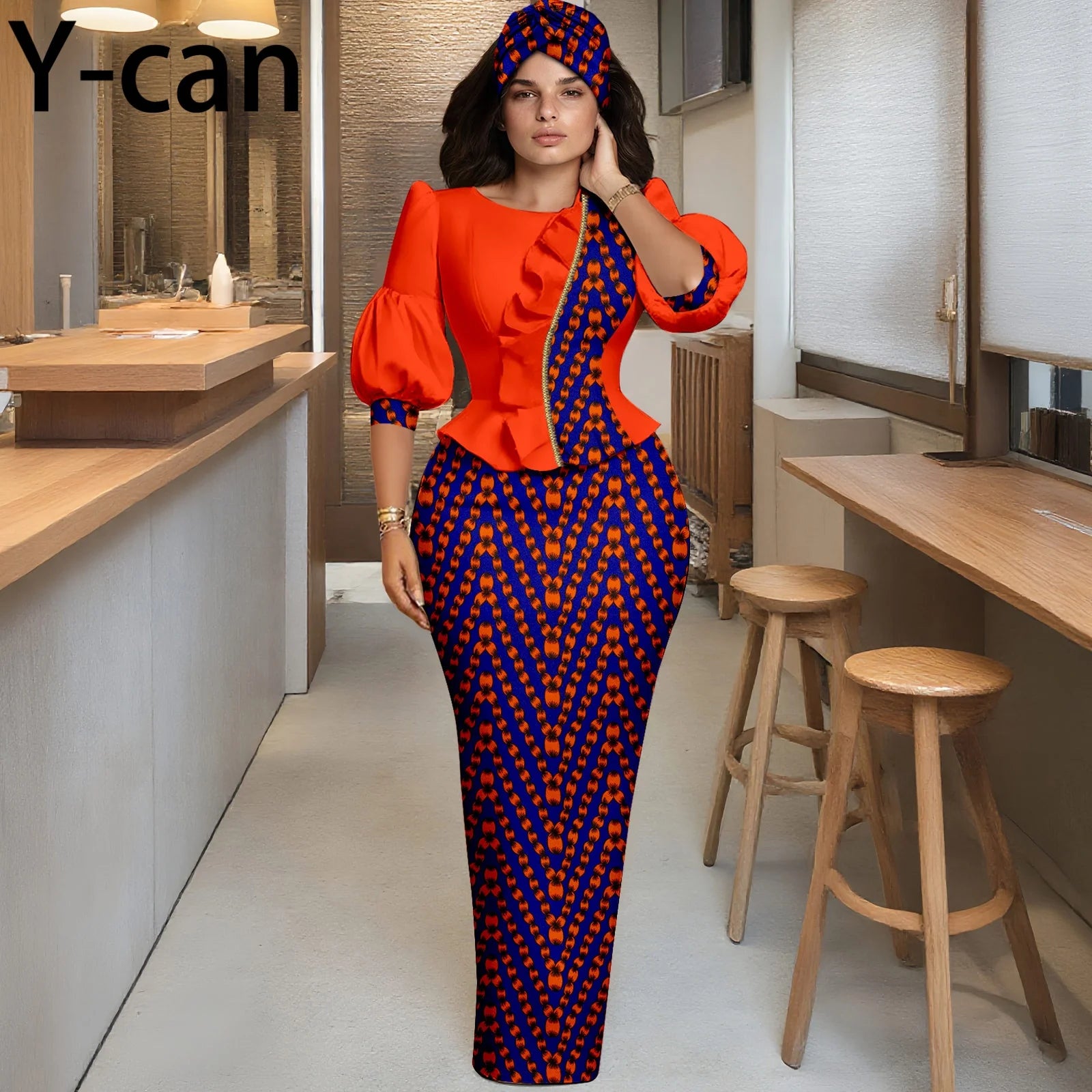 African Women Skirt Set Fashion Lantern Sleeve Ruffled Top and Slim Skirt Vestidos with Headwrap Dashiki Wedding Dress 2526066