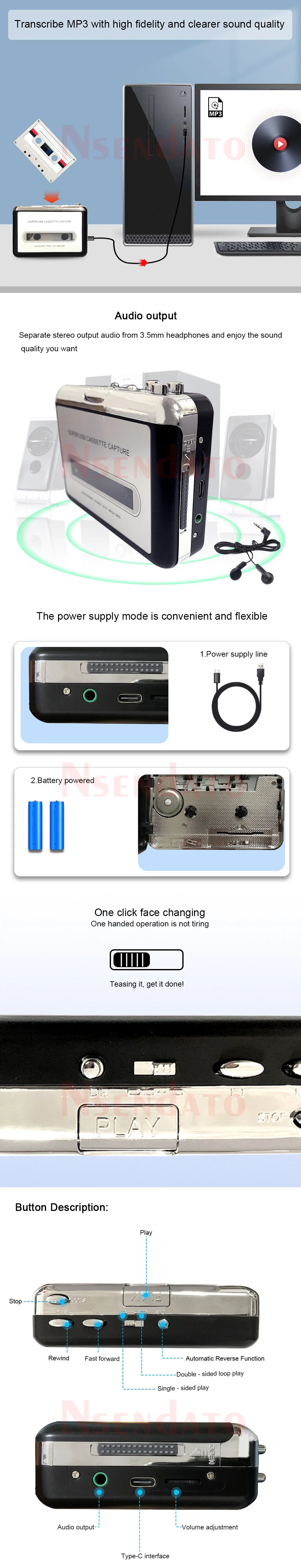 Portable USB C Cassette Player Recorder Tape to mp3 converter Type C to USB Cassette Capture Audio Music Radio Player