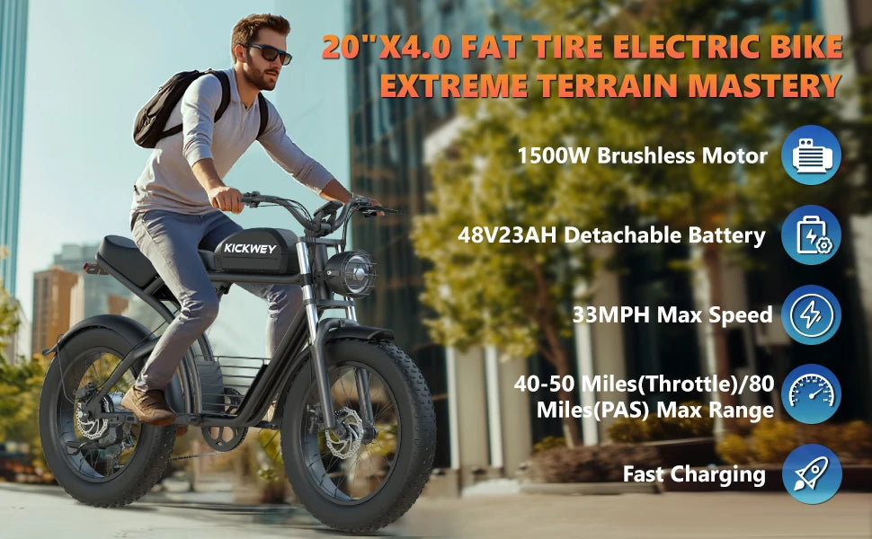 Kickwey K7 Electric bike 1500W Motor 48V 23AH Adult Electric bicycle 20 Inch Fat Tire 32MPH 7-Speed Mountain electric bike