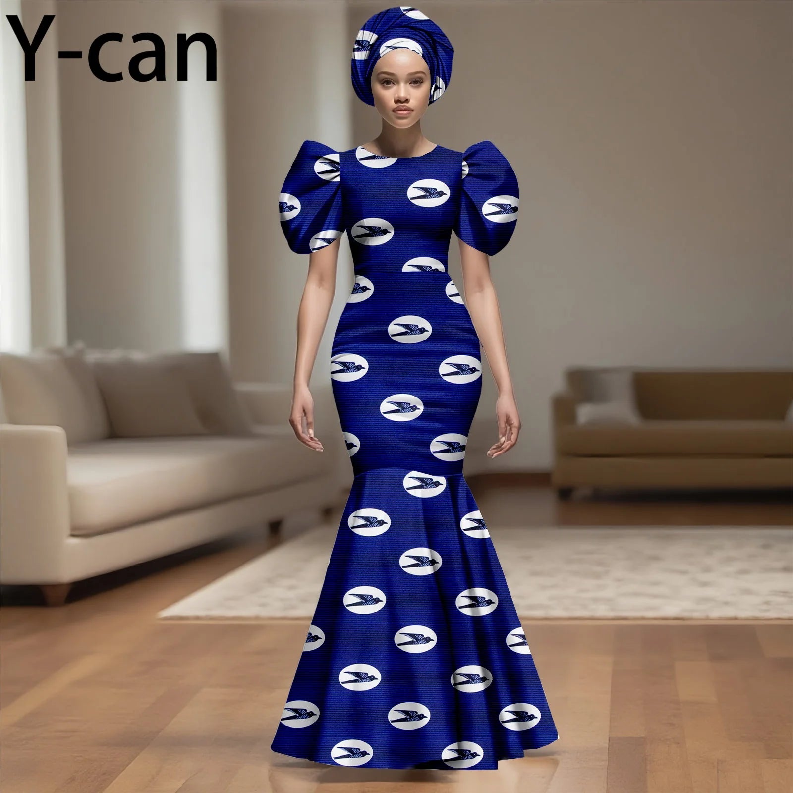 African Party Dress for Women Puff Sleeve O-neck Slim Fit Mermaid Dresses with Headwrap for Birthday Evening Wedding 2525142