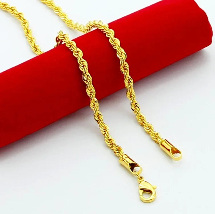 24K Gold Twisted Rope Necklace | AU999 Pure Gold, 3mm fine twist, double - strand design, minimalist & versatile elegance