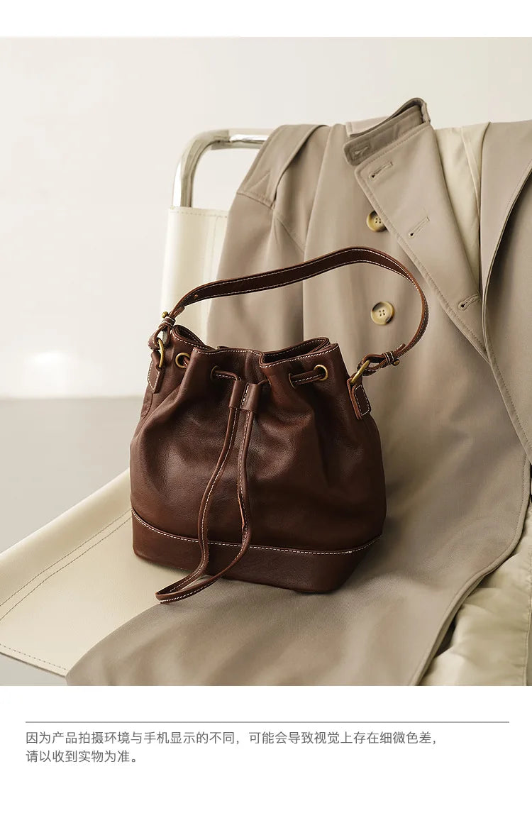 Leather Bucket Bags and Drawstring Crossbody Purse for Women Medium Tote