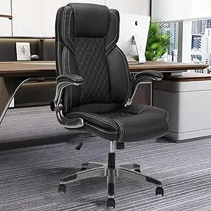 Brown Leather Office Chair with Flip up Arms, High Back Ergonomic Executive Office Chairs with Wheels, 90-120° Rocking Office De