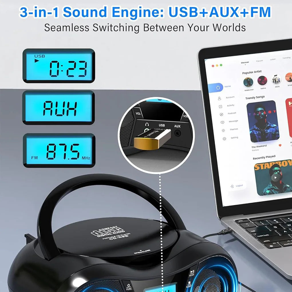 Portable CD Player Bluetooth Boombox CD Player AM/FM Radio Stereo Player, Compatible For CD/CD-R/RW Radio For Home