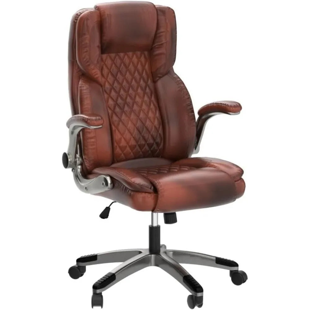 Brown Leather Office Chair with Flip up Arms, High Back Ergonomic Executive Office Chairs with Wheels, 90-120° Rocking Office De