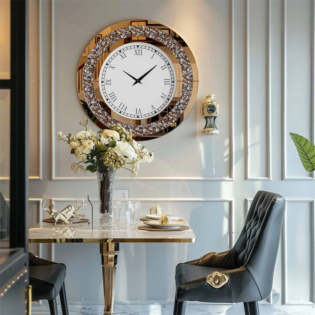 60/80CM Bling Silver Round Mirror Clock Glam Sparkle Twinkle Shining Mirrored Wall Clock for Home Decor