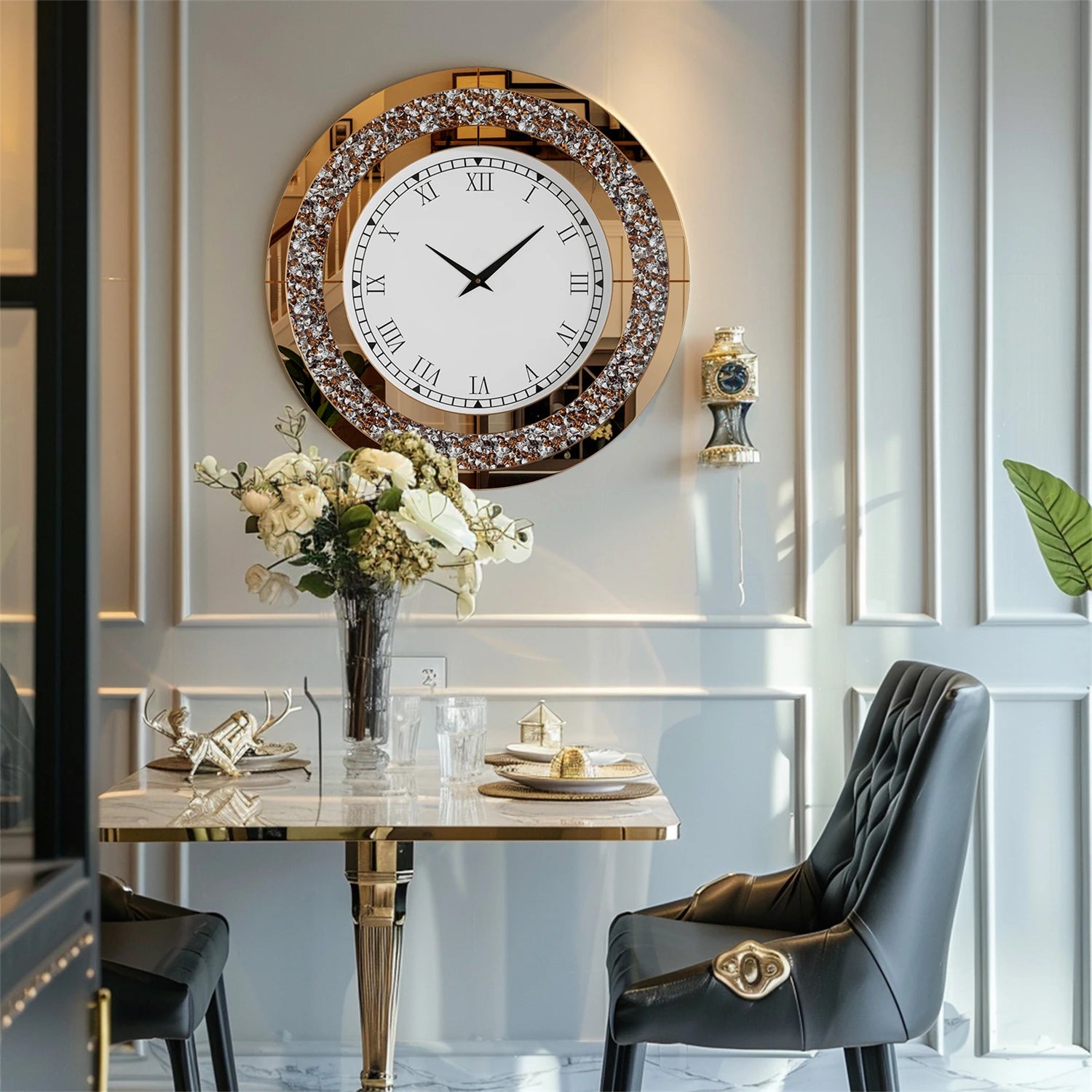 60/80CM Bling Silver Round Mirror Clock Glam Sparkle Twinkle Shining Mirrored Wall Clock for Home Decor