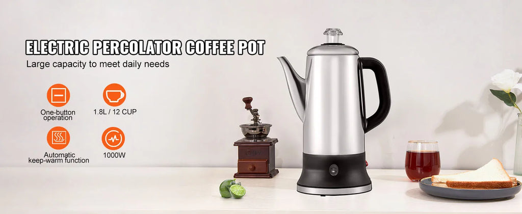 SucceBuy 12-Cup Electric Percolator Coffee Pot 304 Stainless Steel Coffee Percolator with Keep Warm Function
