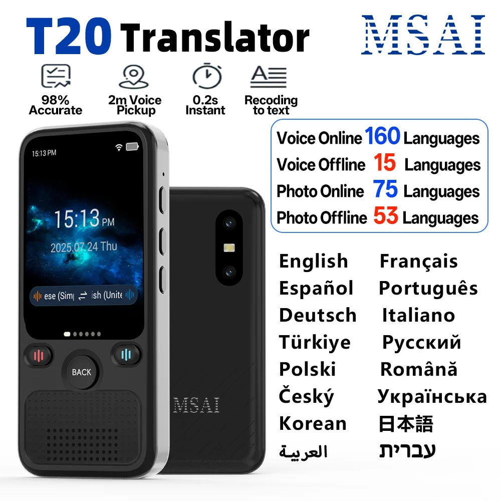 MSAI T20 160 Languages Translator with Camera Real-Time Voice Audio Photo Online Offline Translation Device Travel Assistant
