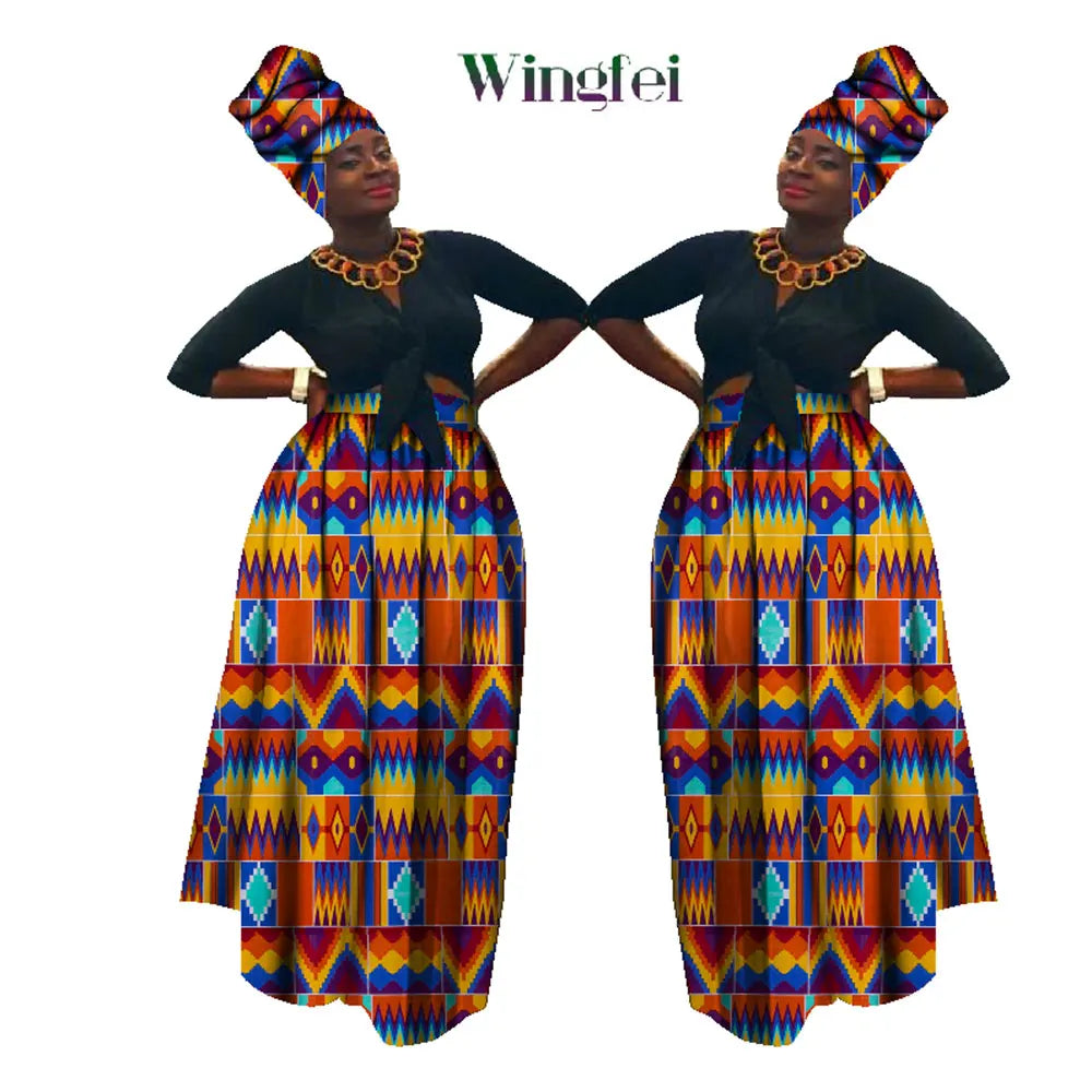 Dashiki African High Waist Ball Grown Skirt Bazin Riche African Skirt and African Headscarf 2 Pieces Lady Maxi Long Skirt WY1270