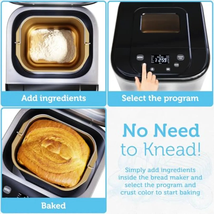 15-in-1 Automatic Bread Maker Machine with Nonstick Aluminum Pan and Touch Panel for Home Kitchen Use Includes Measuring Spoons