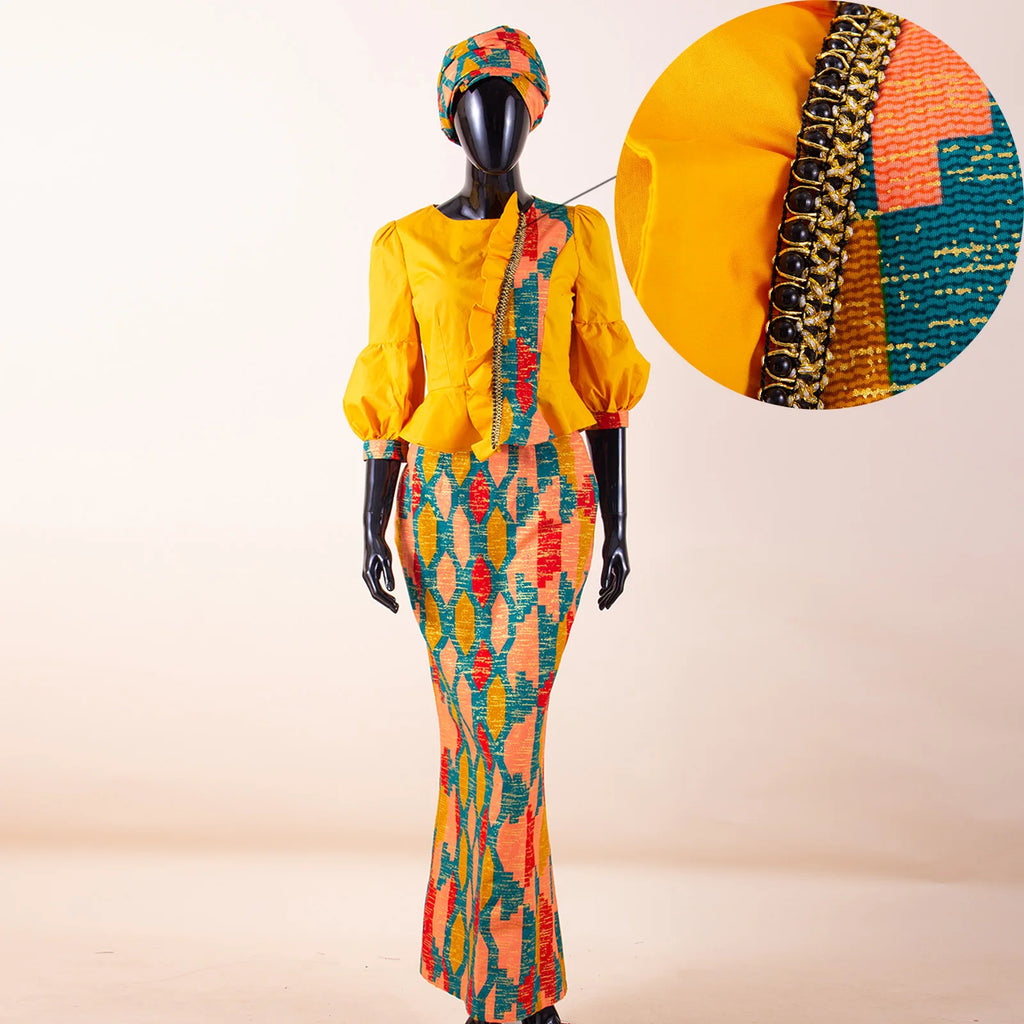 African Women Skirt Set Fashion Lantern Sleeve Ruffled Top and Slim Skirt Vestidos with Headwrap Dashiki Wedding Dress 2526066