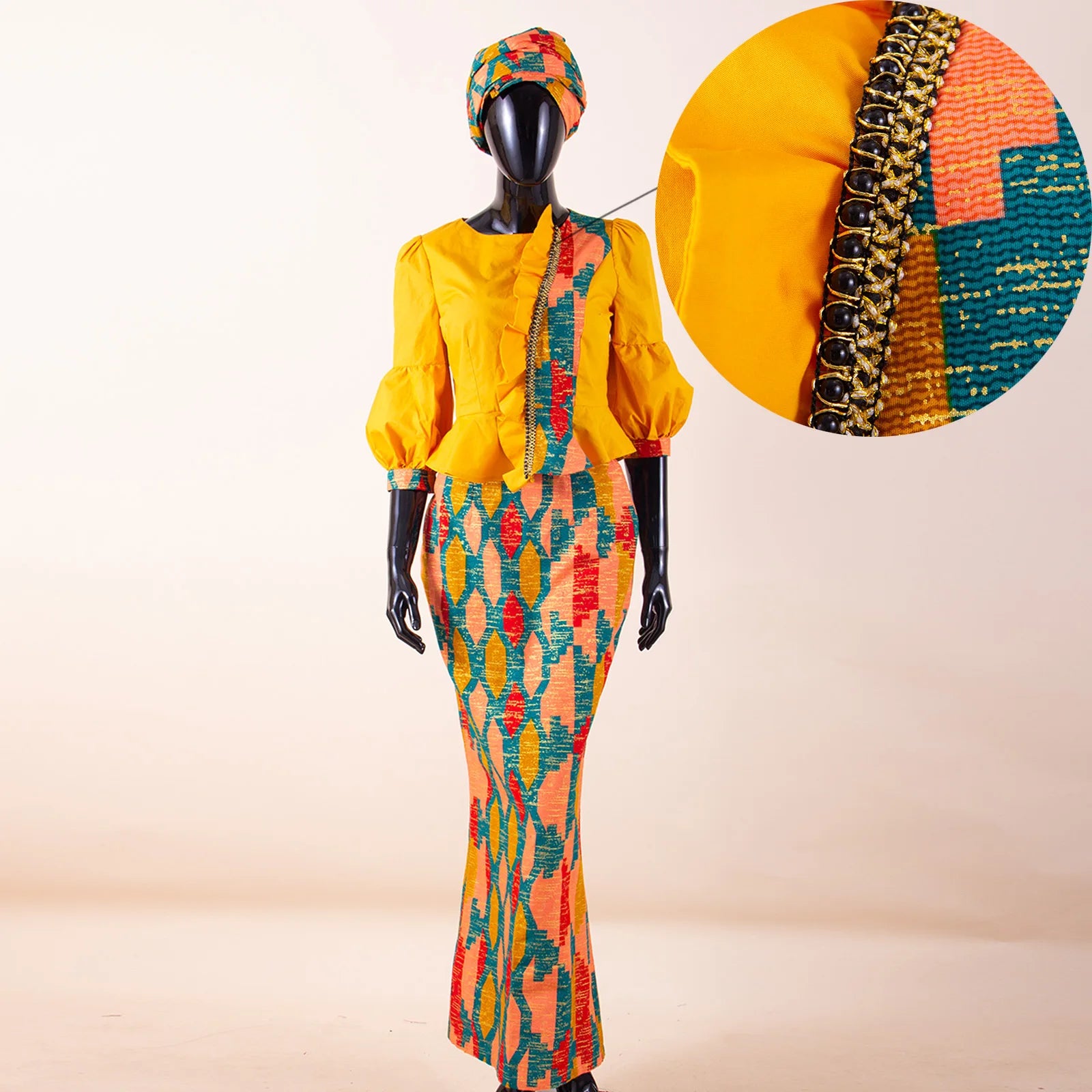 African Women Skirt Set Fashion Lantern Sleeve Ruffled Top and Slim Skirt Vestidos with Headwrap Dashiki Wedding Dress 2526066