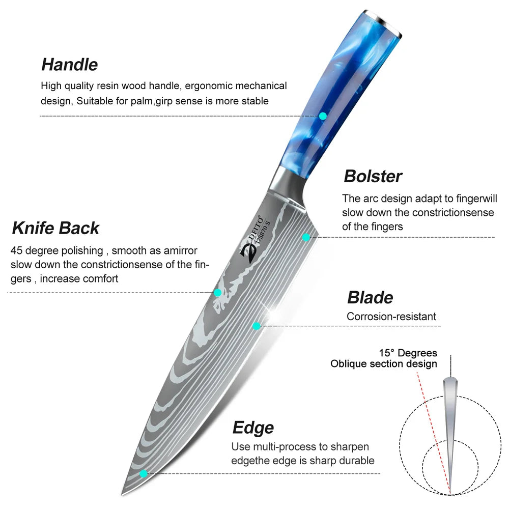 8pcs Kitchen Knife Damascus Stainless Steel Chef Knife Utility Paring Boning Cleaver Slicing Santoku Knives With Nylon Bag