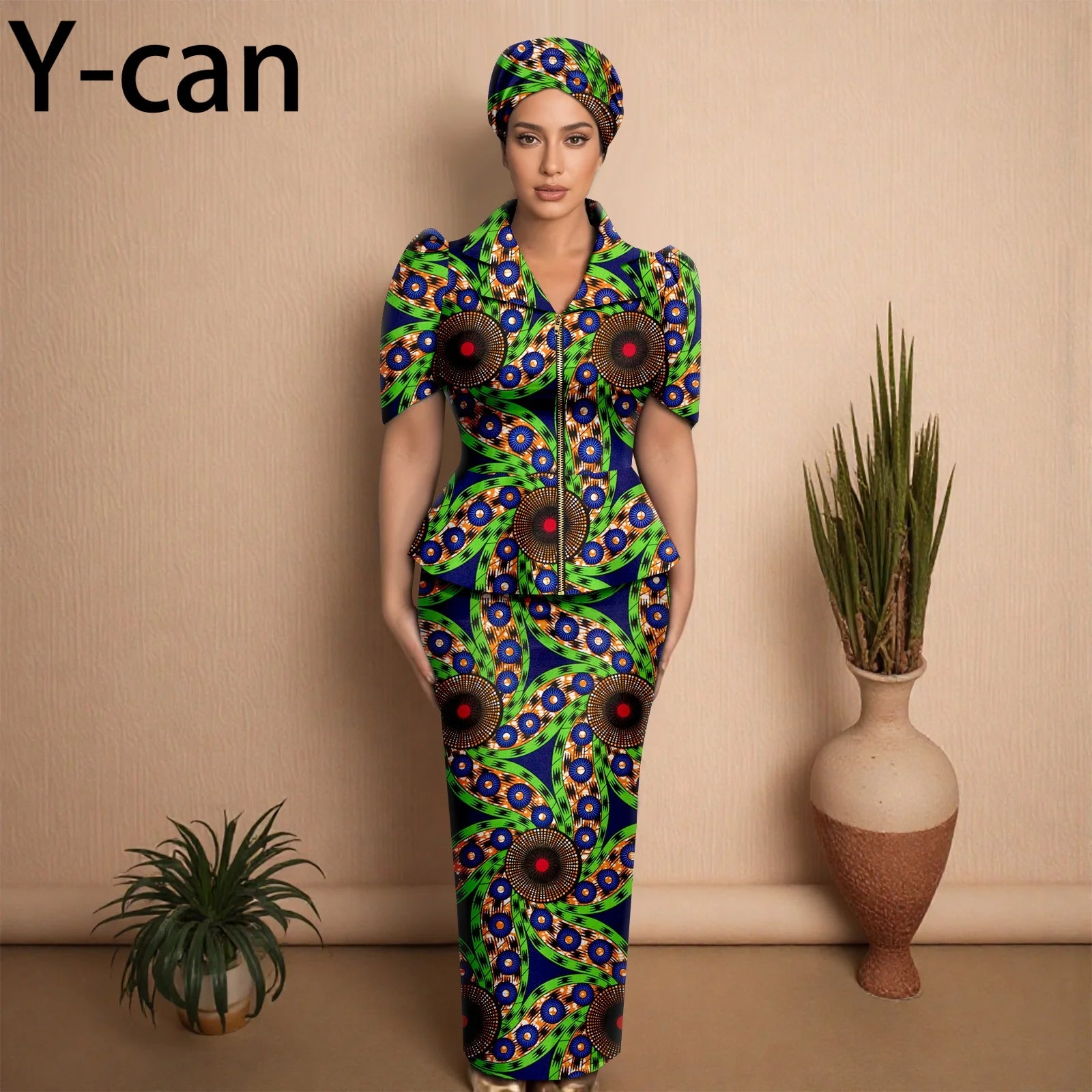 African Women Skirt Set Luxury Metal Zipper Top and Slim Fit Skirt Match Headscarf Party Wedding Elegant Lady Dress Suit 2526079