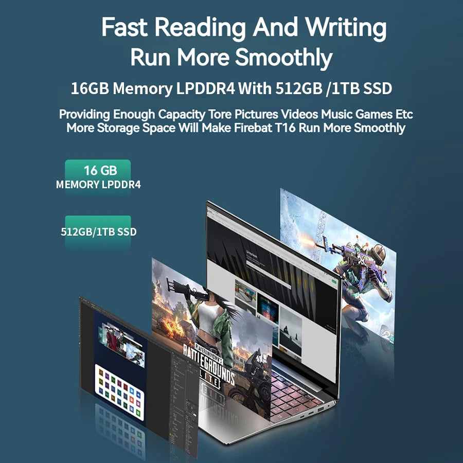 Firebat A16 Laptop 15.6 16 Inch CPU Intel N5095 16GB RAM SSD 512GB 1TB BT4.2 WiFi5 LPDDR4 Lightweight Business Computer Notebook