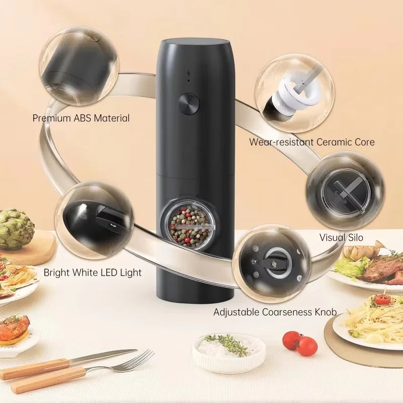 Electric Automatic Salt And Pepper Grinder Set Rechargeable With USB Gravity Spice Mill Adjustable Spices Grinder With LED Light