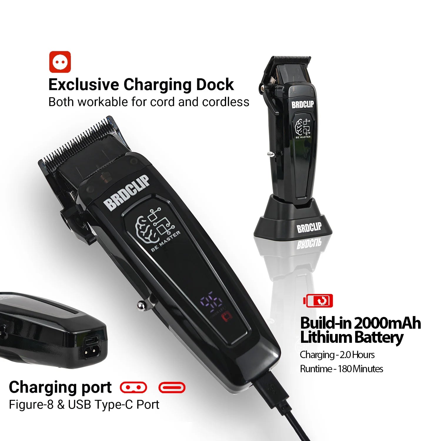 BRDCLIP Professional Electric Hair Clipper BRD 106 Hair Trimmer for Man 7500RPM with Base 5-adjusted DLC Blade Barber Machine
