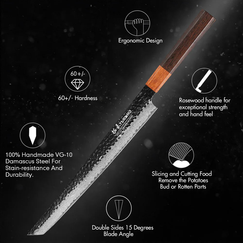 TURWHO 10.5 Inch Professional Sashimi Knife Japan 67 Layer Damascus Chef's Knife Super Sharp Cutting Sushi Salmon Kitchen Knives