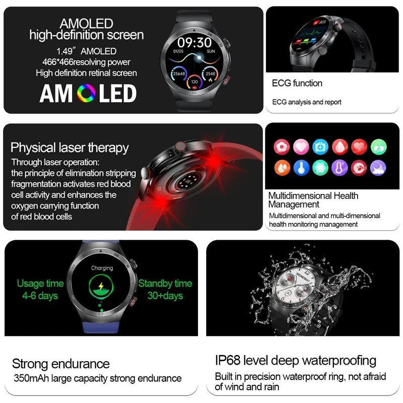 2026New Precise Laser Therapy Bracelet Health ECG+PPG Smart Watch Blood Pressure Blood Lipid Uric Acid BT HD Call SmartWatch Men