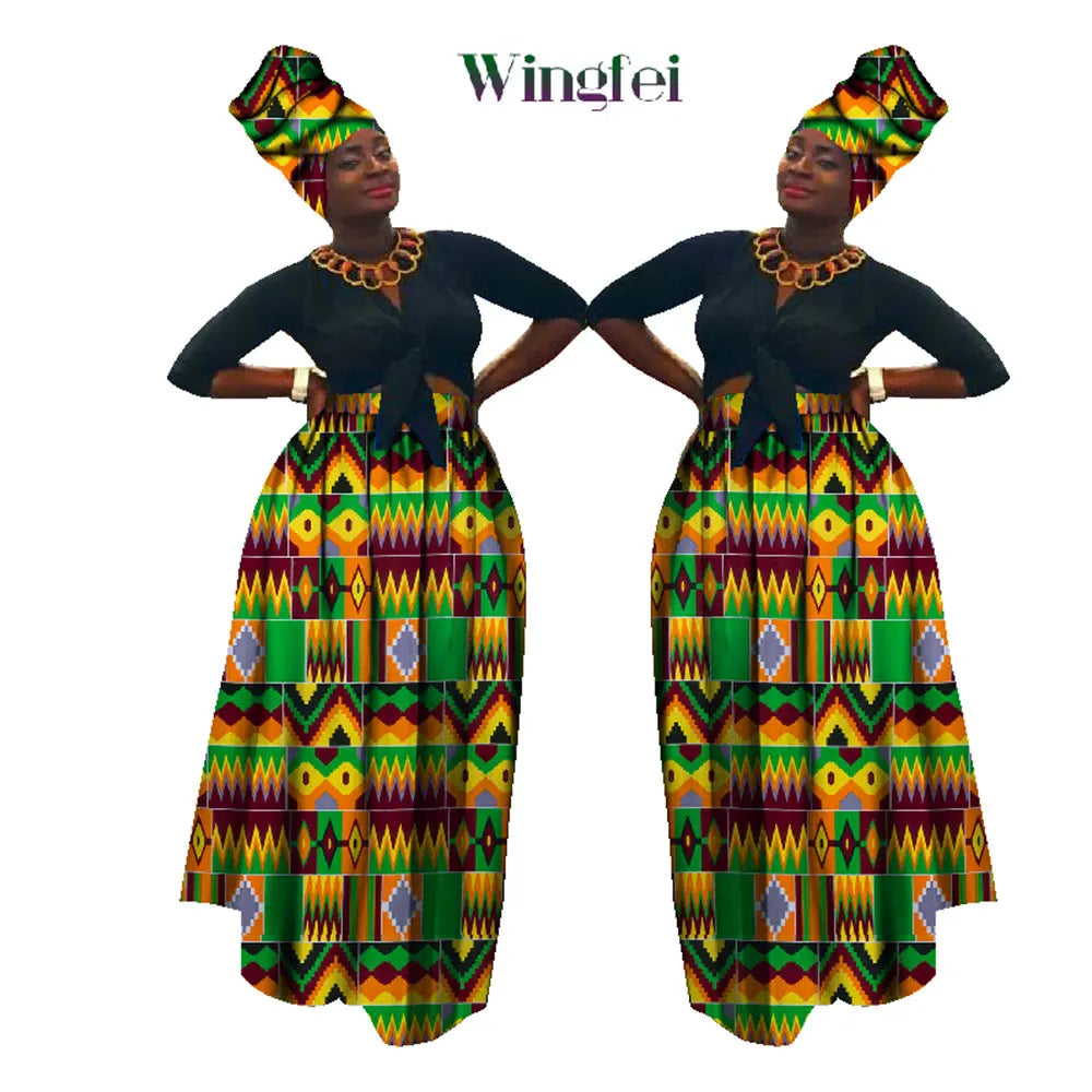 Dashiki African High Waist Ball Grown Skirt Bazin Riche African Skirt and African Headscarf 2 Pieces Lady Maxi Long Skirt WY1270