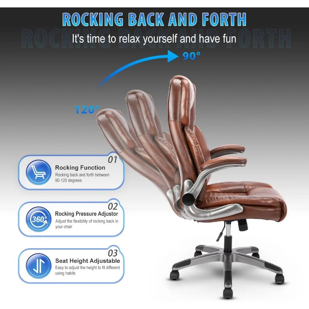 Brown Leather Office Chair with Flip up Arms, High Back Ergonomic Executive Office Chairs with Wheels, 90-120° Rocking Office De
