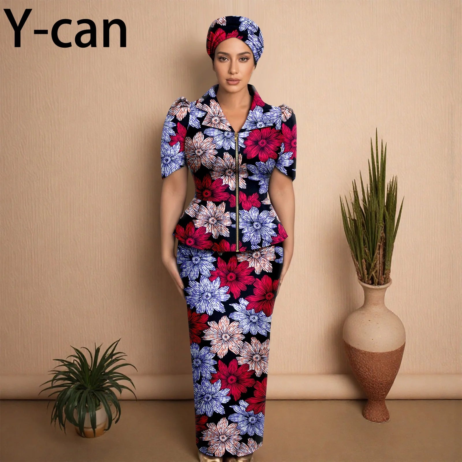 African Women Skirt Set Luxury Metal Zipper Top and Slim Fit Skirt Match Headscarf Party Wedding Elegant Lady Dress Suit 2526079
