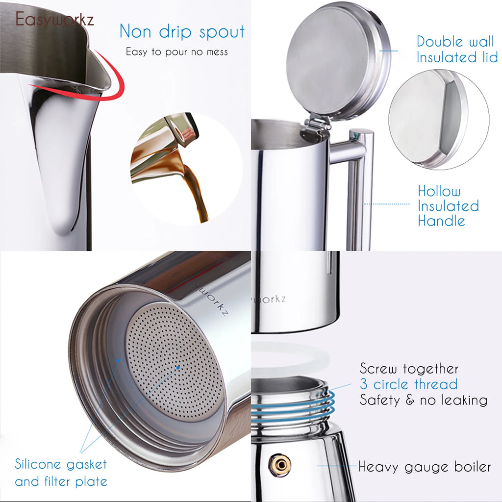 Easyworkz Diego Stovetop Espresso Maker Stainless Steel Italian Coffee Machine Maker Induction Moka Pot