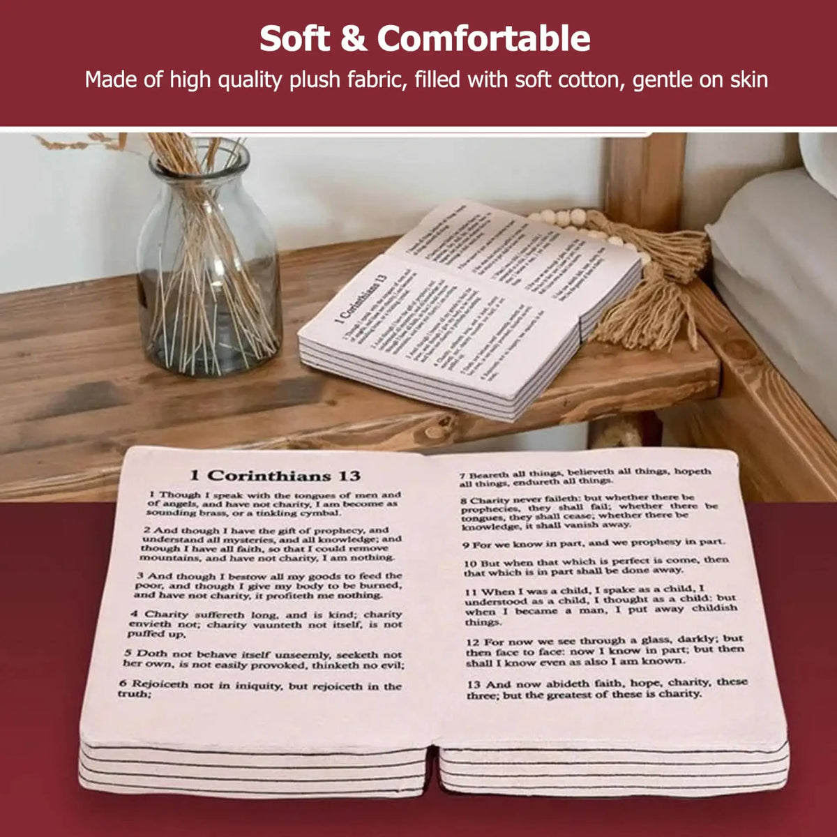 Holy Bible Pillow Book Plush Soft Plushies Opens Bible Corinthians 13 Gifts Toys Christian Gifts for Kid Room Decoration