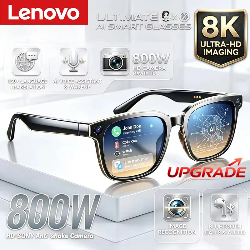 Lenovo Upgrade Smart AI Glasses 800W HD 8K Shooting Camera Photo Video Voice Call Translation Bluetooth AI Motorcycle Glasses